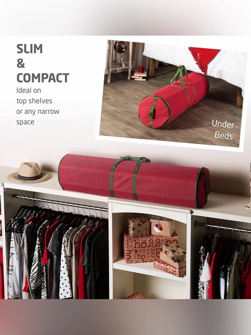 Holiday Red Gift Wrap Storage Bag with Green Handles